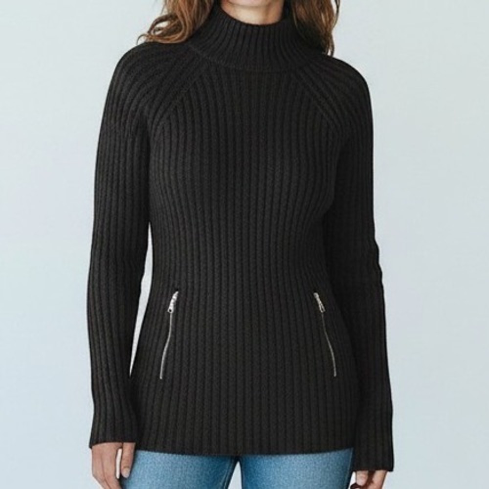 Armani Exchange Sweater Women S Black Ribbed Mock Neck Zip Pockets Wool Blend